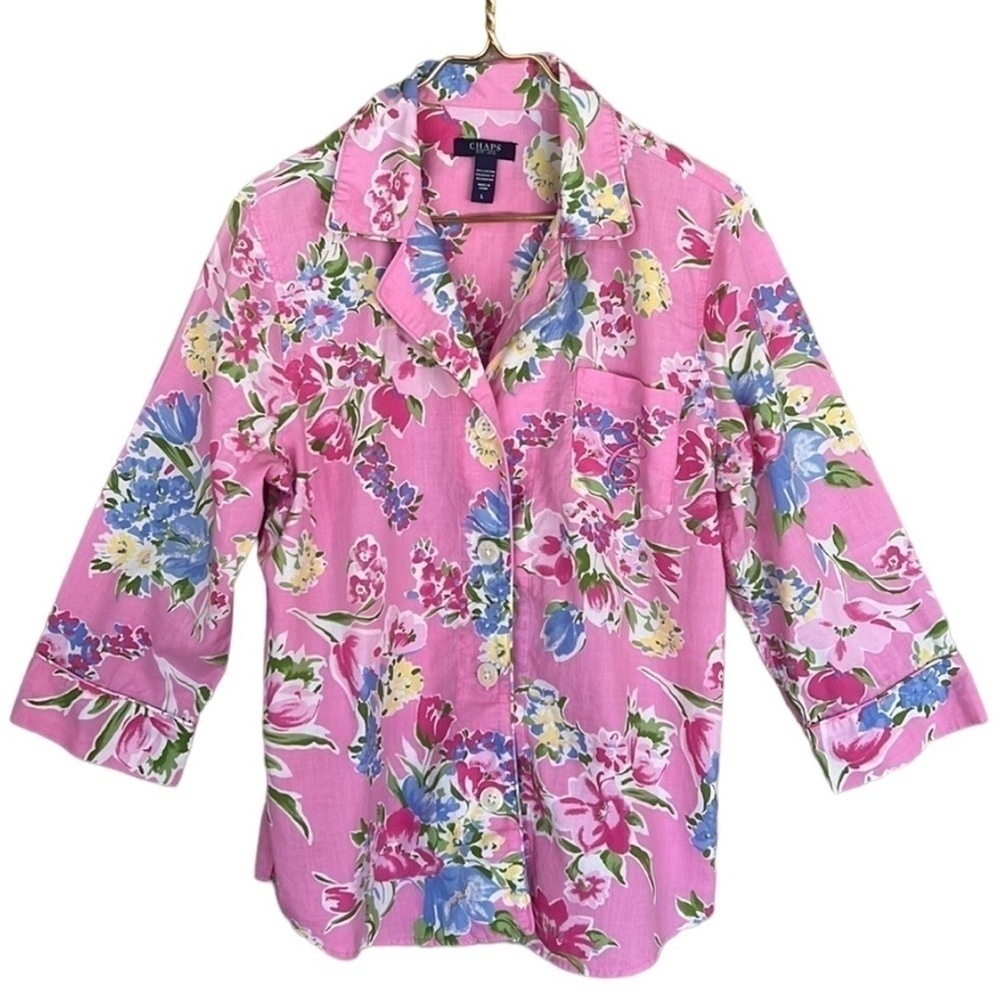 Chaps Pink Floral Button Down Pajama Top Large